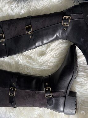 Cole Haan Black Leather and Suede Buckle Riding Boots